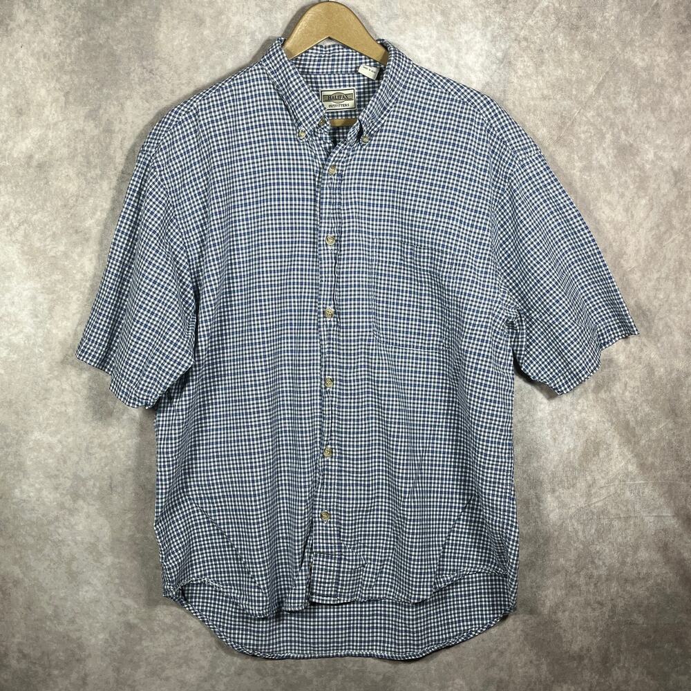 Halifax Shirt Mens Size XL Blue Plaid Short Sleeves Button Down Collared Casual